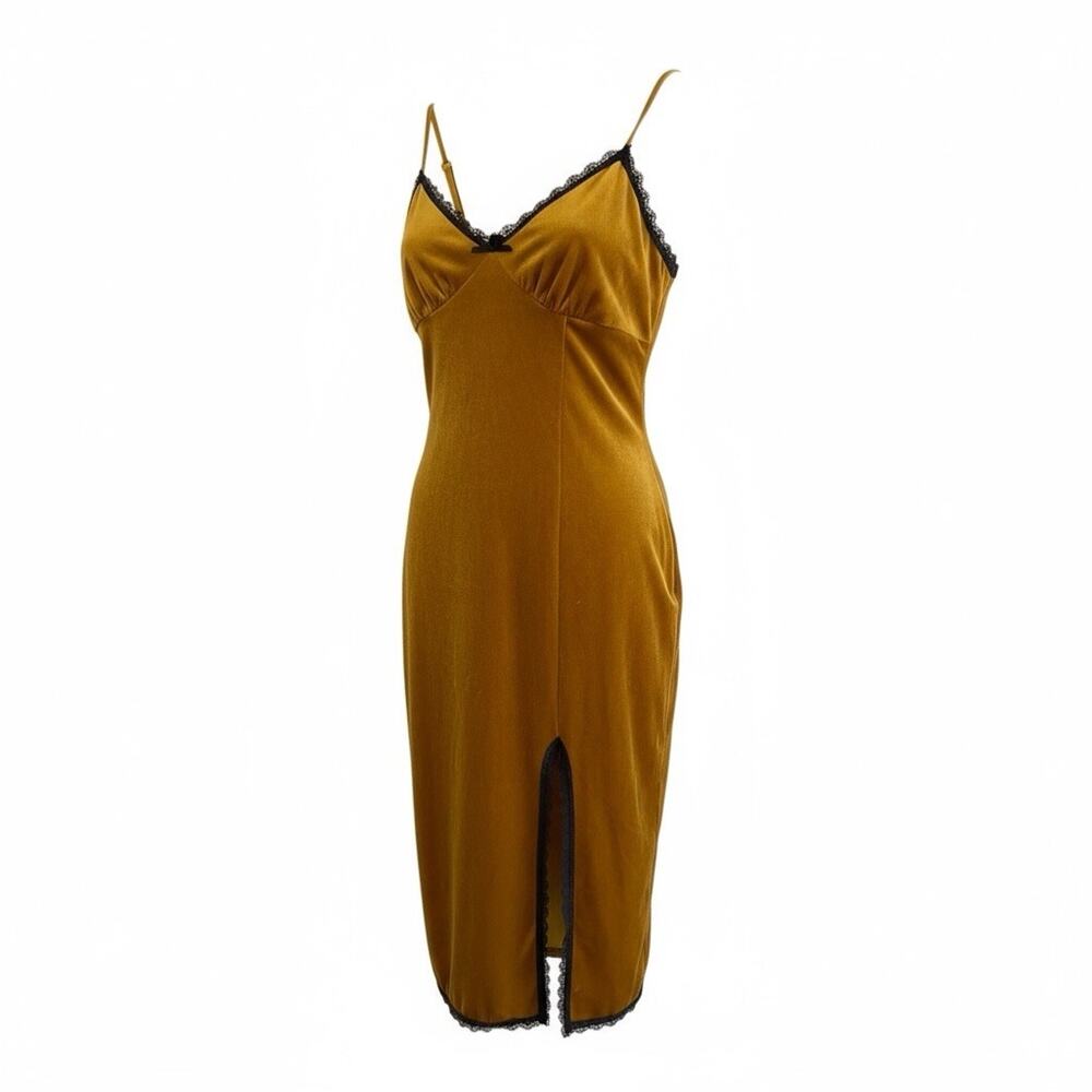Chartreuse Velvet Slip Dress | Lace Trim Midi | 90s Revival | Size M Knee Length